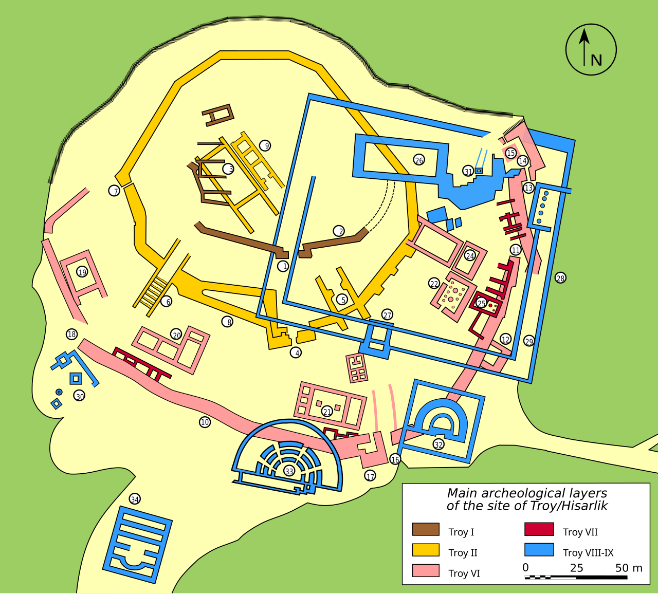 Truva höyüğünün farklı yerleşim katmanlarını gösteren plan ve kesit çizimi